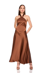 satin front tie halter dress