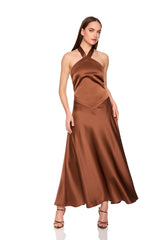 satin front tie halter dress