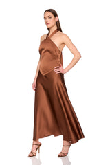 satin front tie halter dress