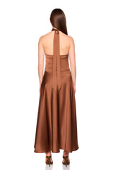 satin front tie halter dress
