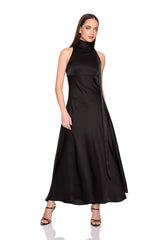 satin mock neck with long tie dress