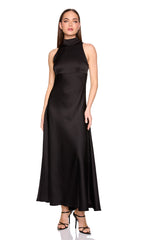 satin mock neck with long tie dress