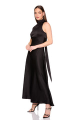 satin mock neck with long tie dress