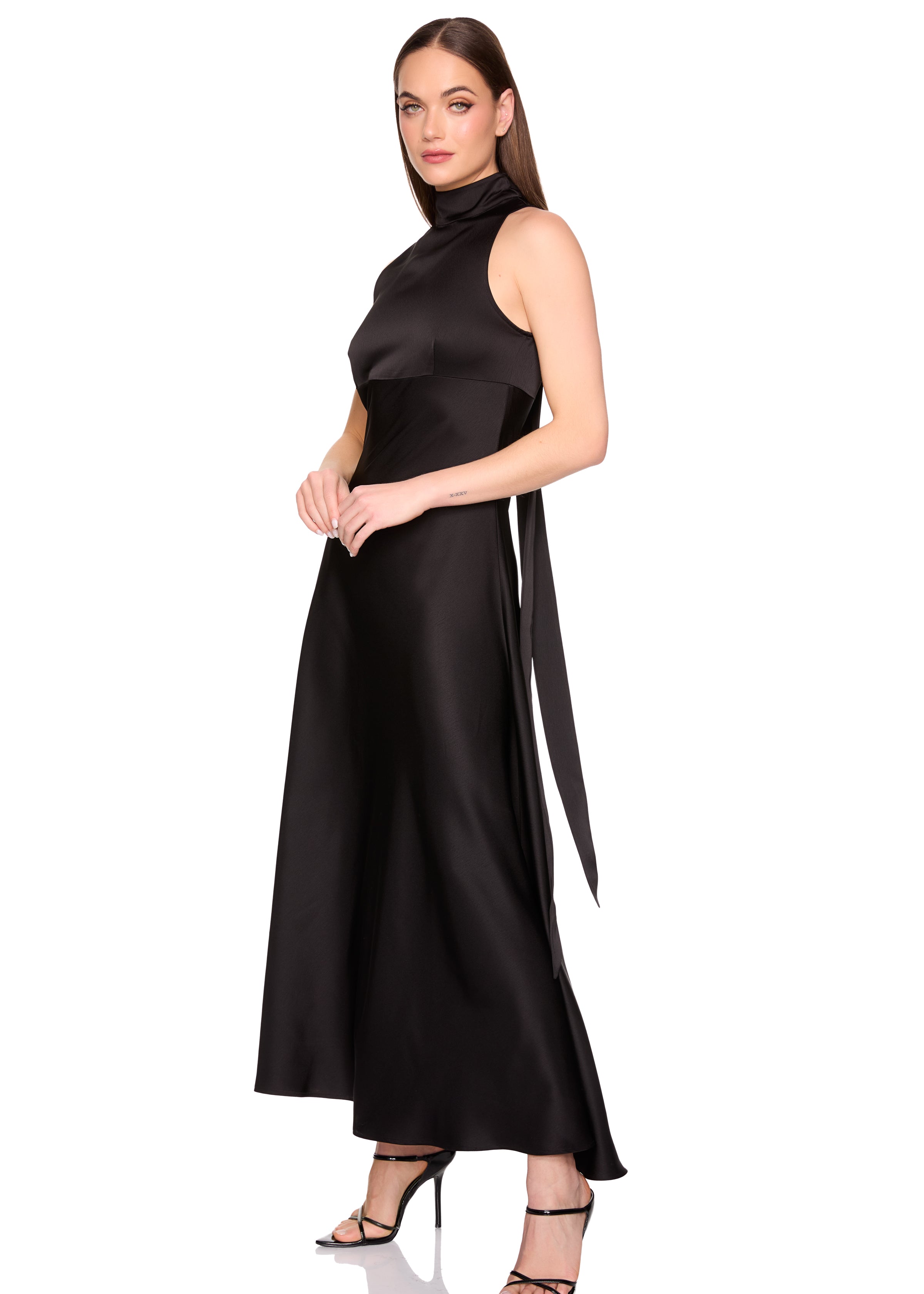 satin mock neck with long tie dress