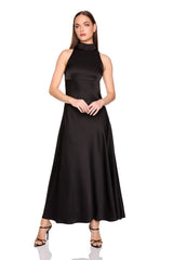satin mock neck with long tie dress