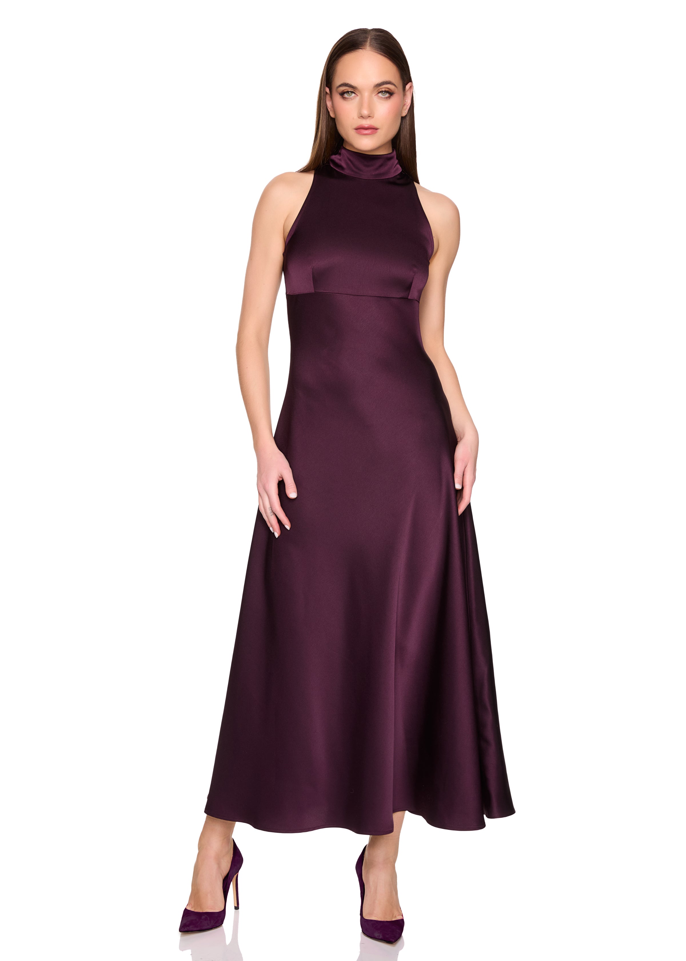 satin mock neck with long tie dress