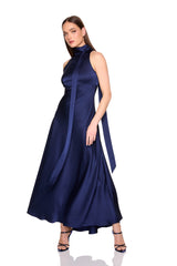 satin mock neck with long tie dress