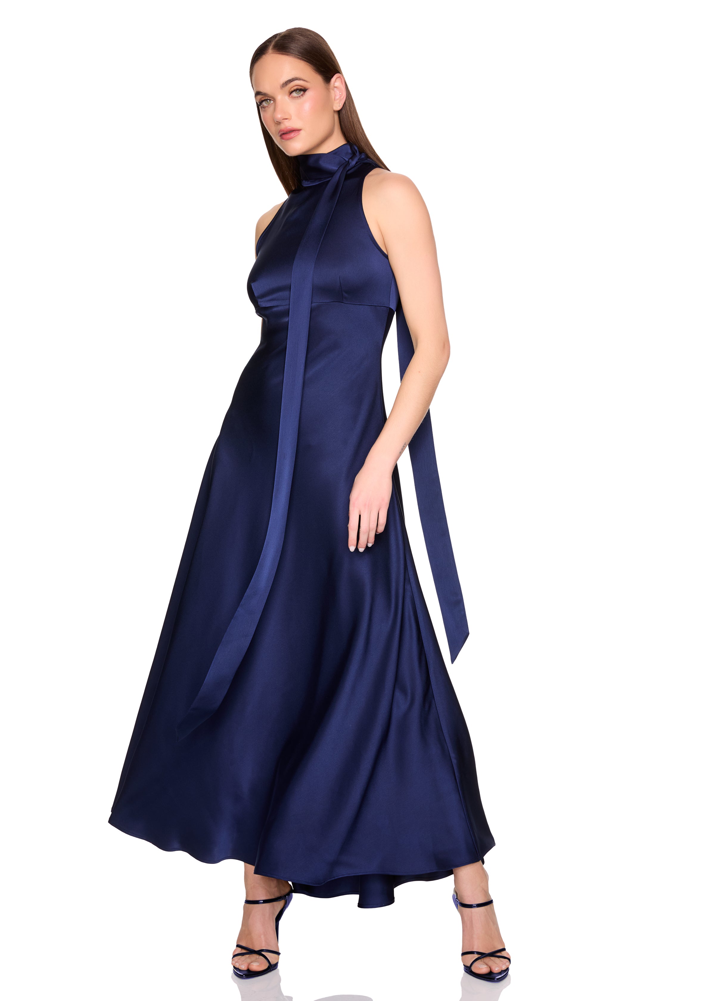 satin mock neck with long tie dress