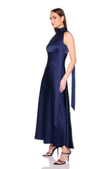 satin mock neck with long tie dress