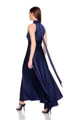 satin mock neck with long tie dress