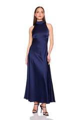 satin mock neck with long tie dress