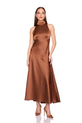 satin mock neck with long tie dress