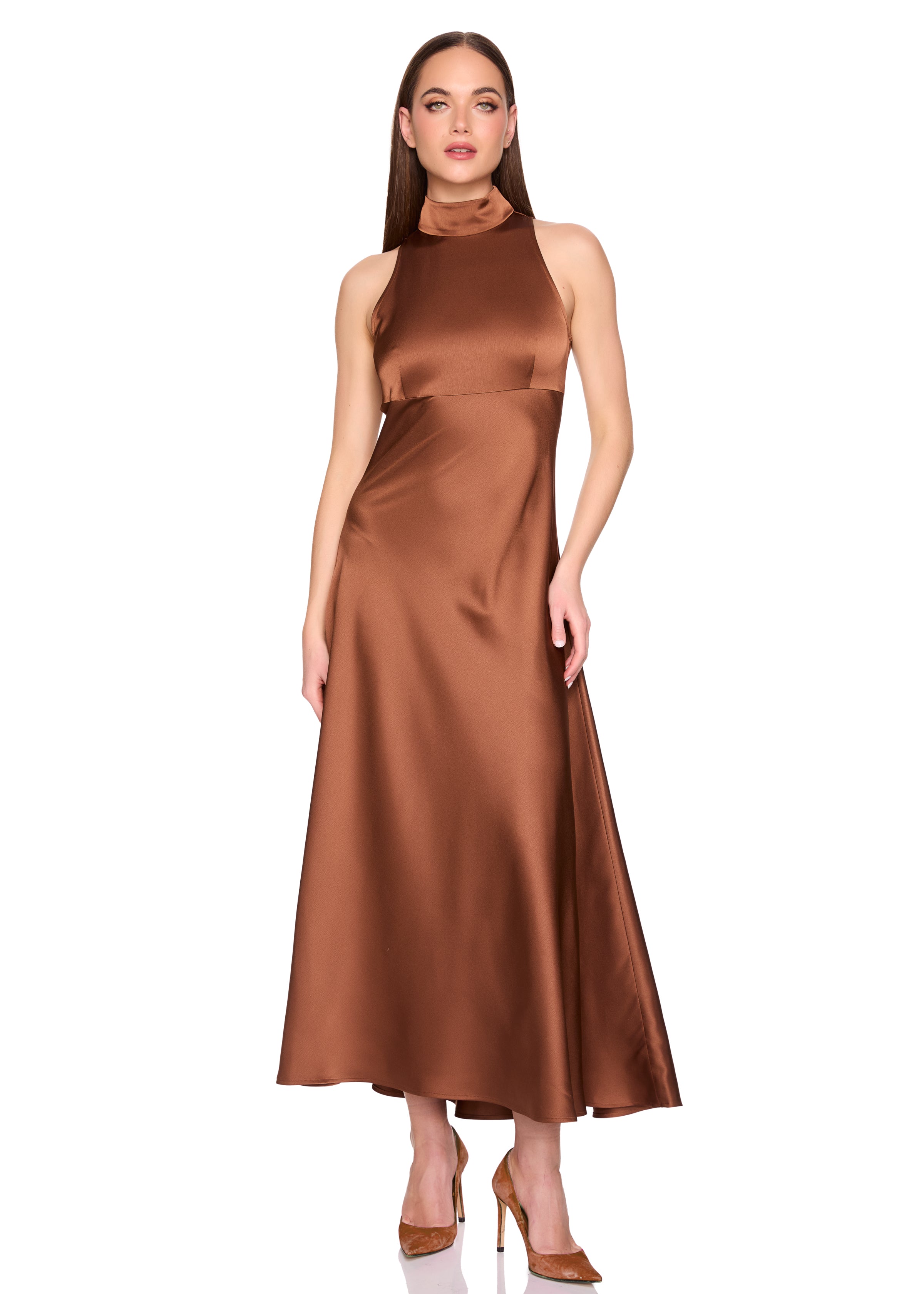 satin mock neck with long tie dress