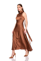 satin mock neck with long tie dress