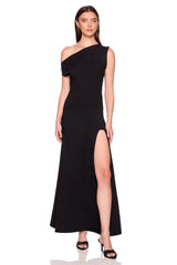 one shoulder gathered slit front dress