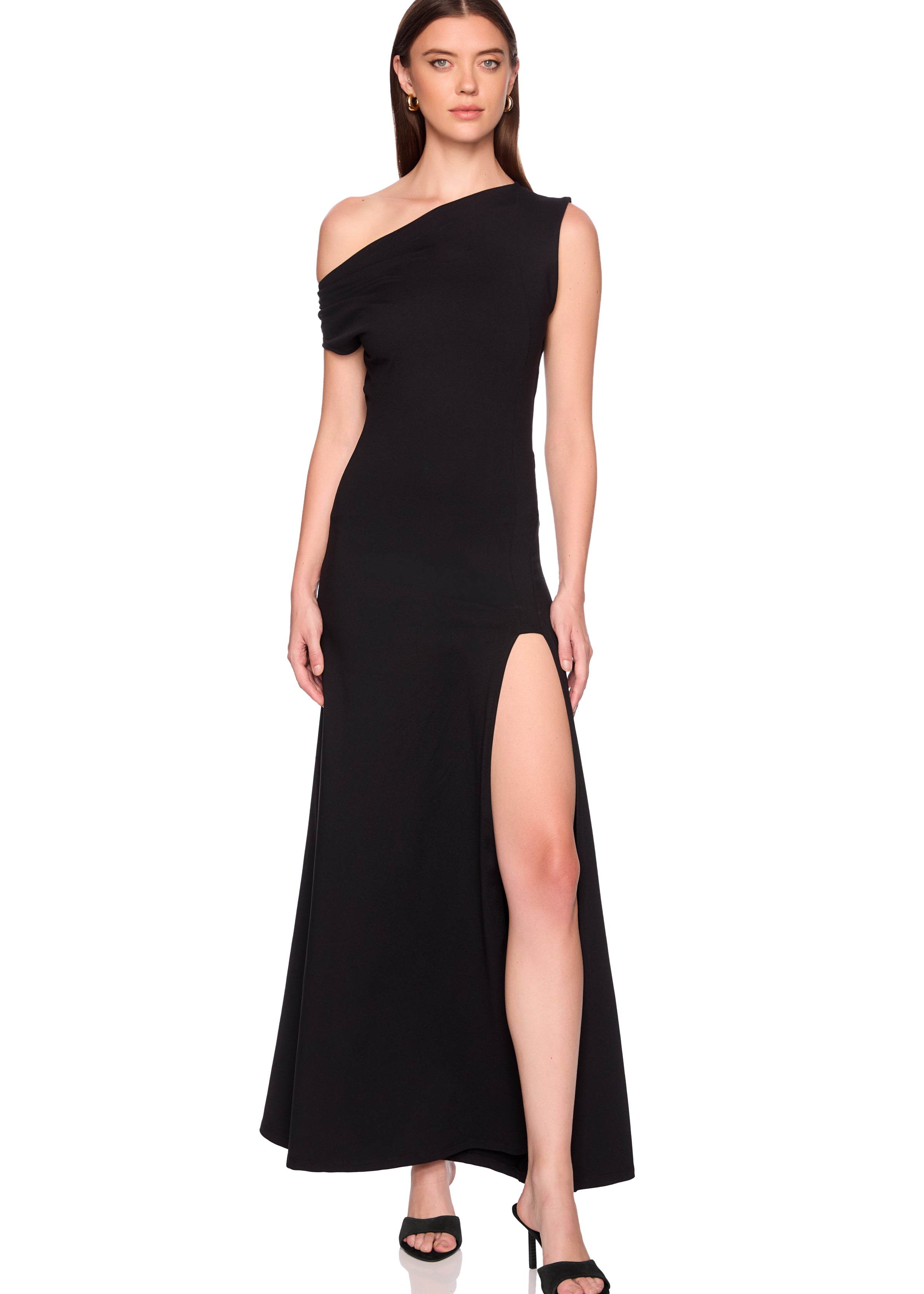 one shoulder gathered slit front dress