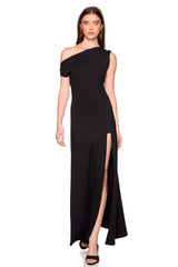 one shoulder gathered slit front dress