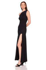 one shoulder gathered slit front dress