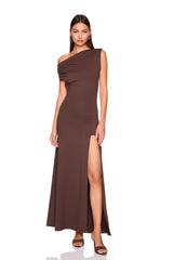 one shoulder gathered slit front dress