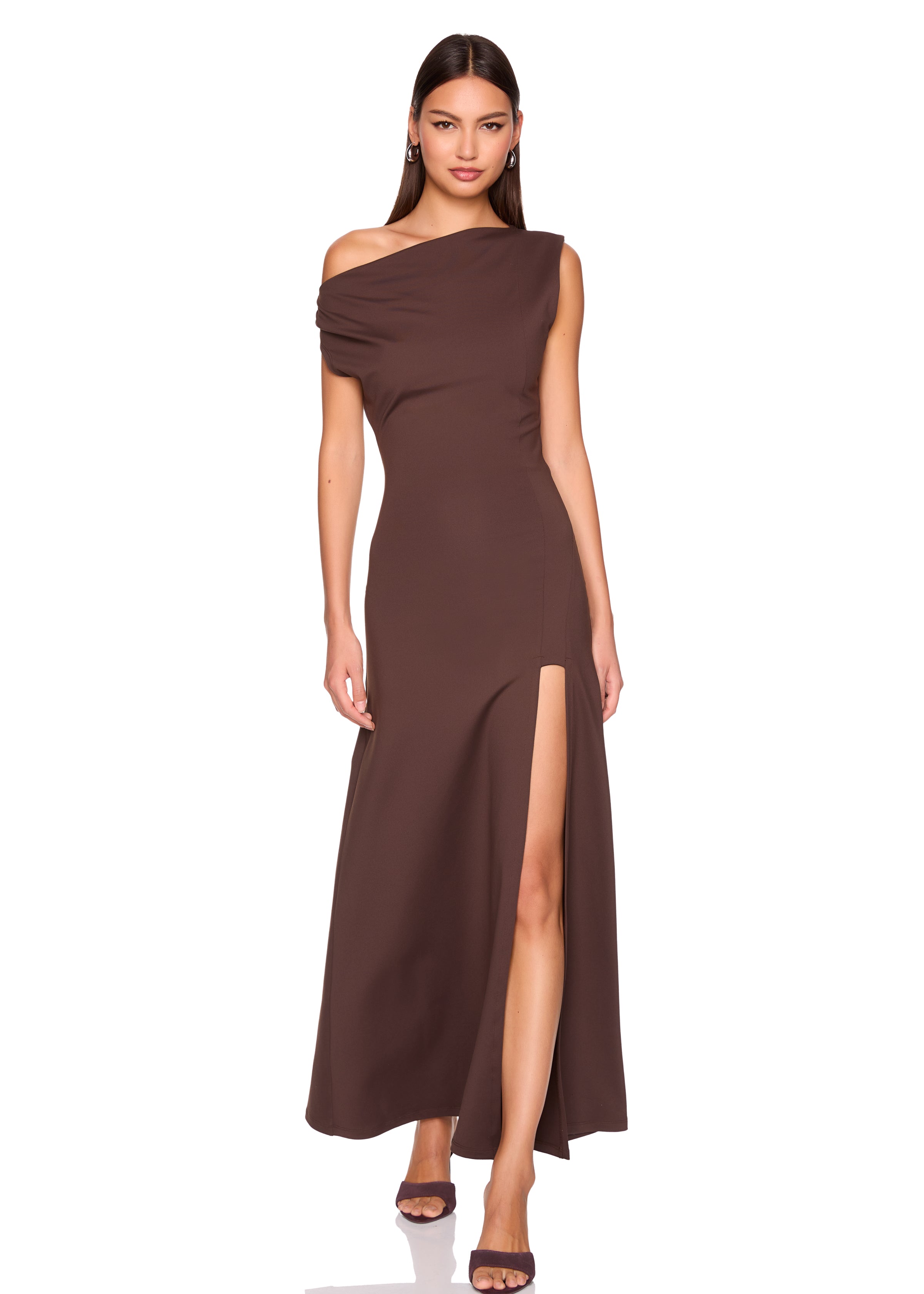 one shoulder gathered slit front dress