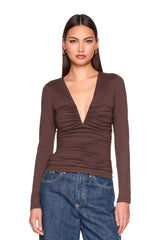 v neck gathered long sleeve