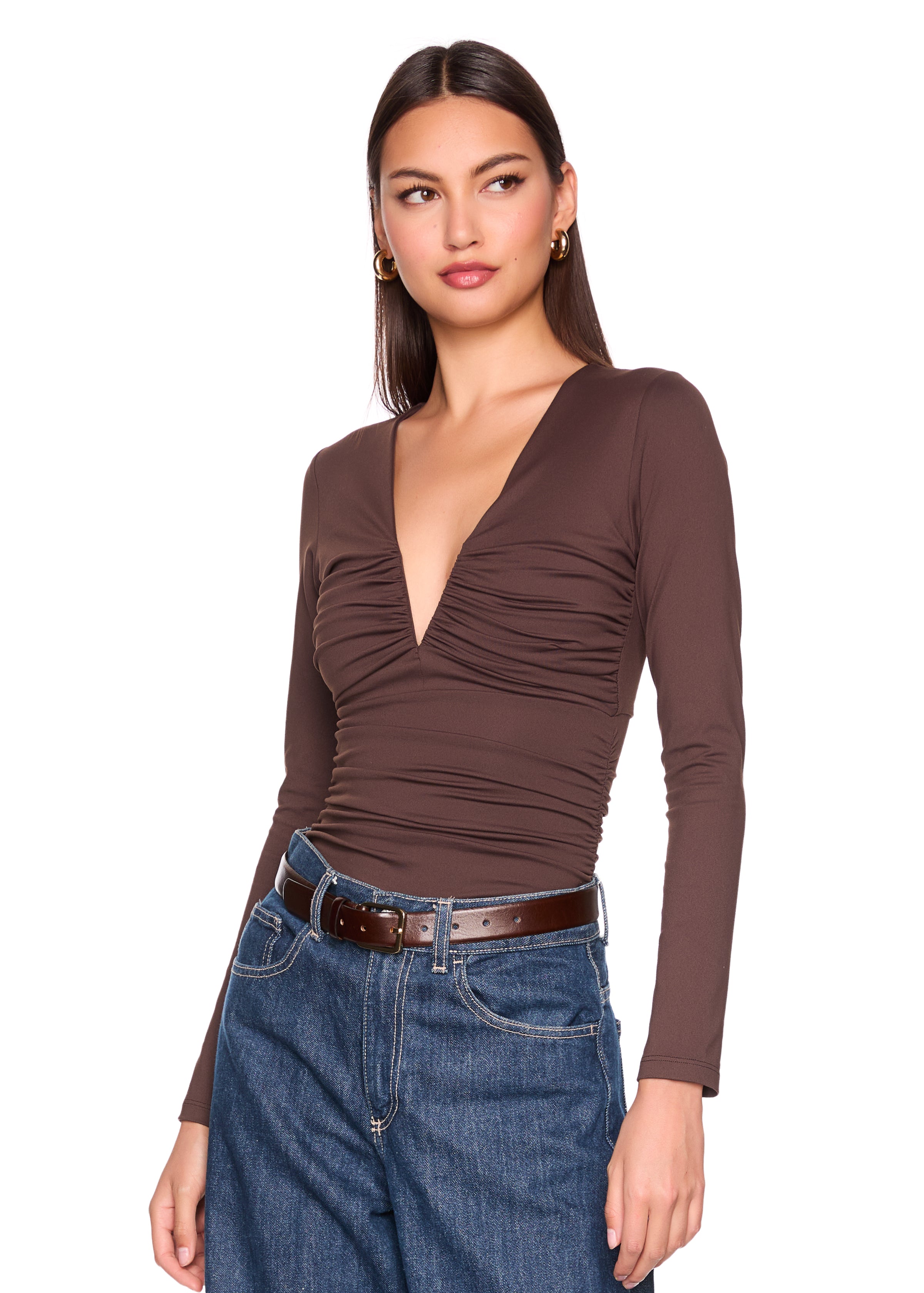v neck gathered long sleeve