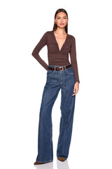 v neck gathered long sleeve