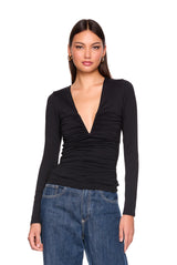 v neck gathered long sleeve