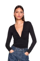 v neck gathered long sleeve