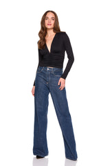 gathered deep v long sleeve top