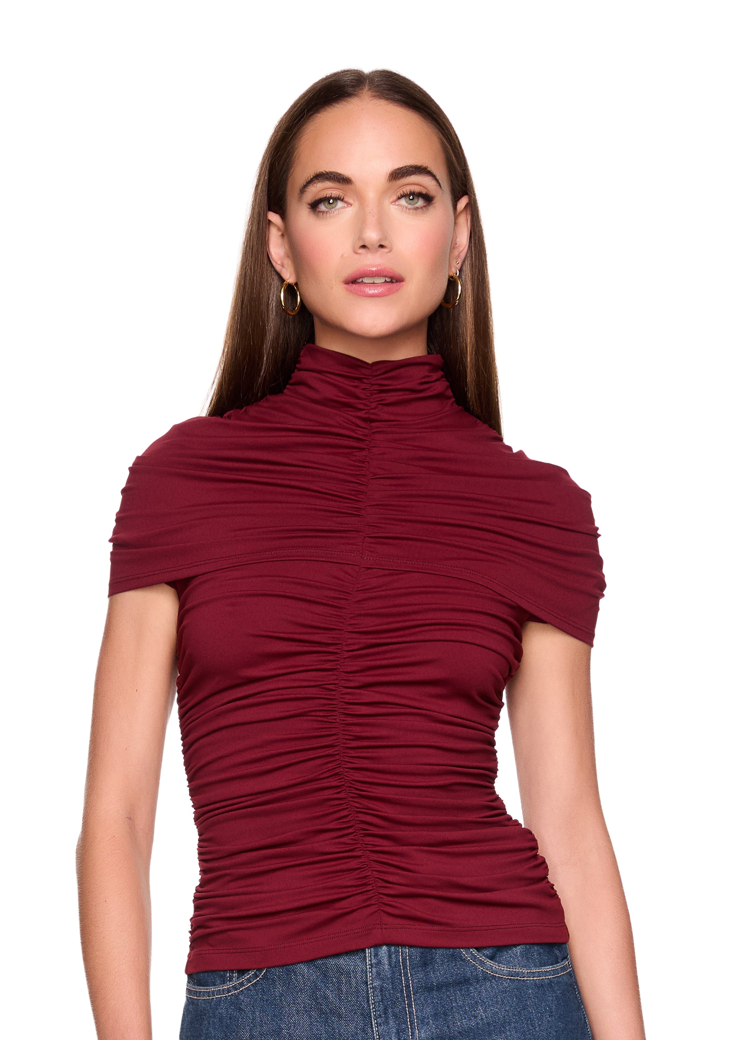 mock neck overlay gathered top