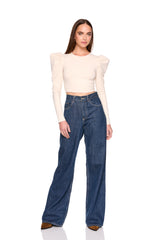 pleated shoulder long sleeve top