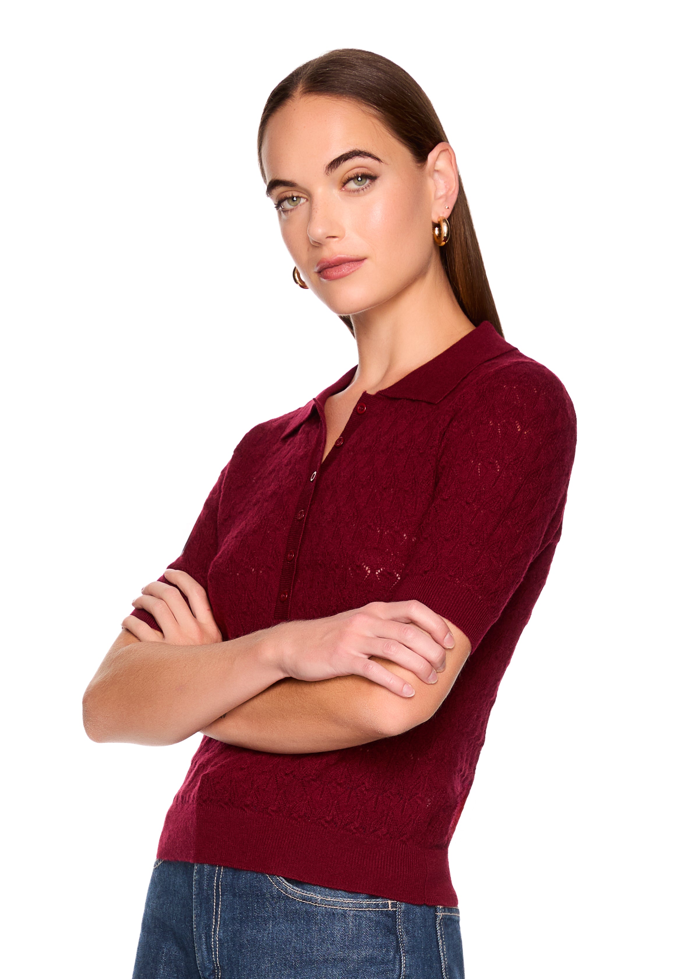 pointelle short sleeve polo