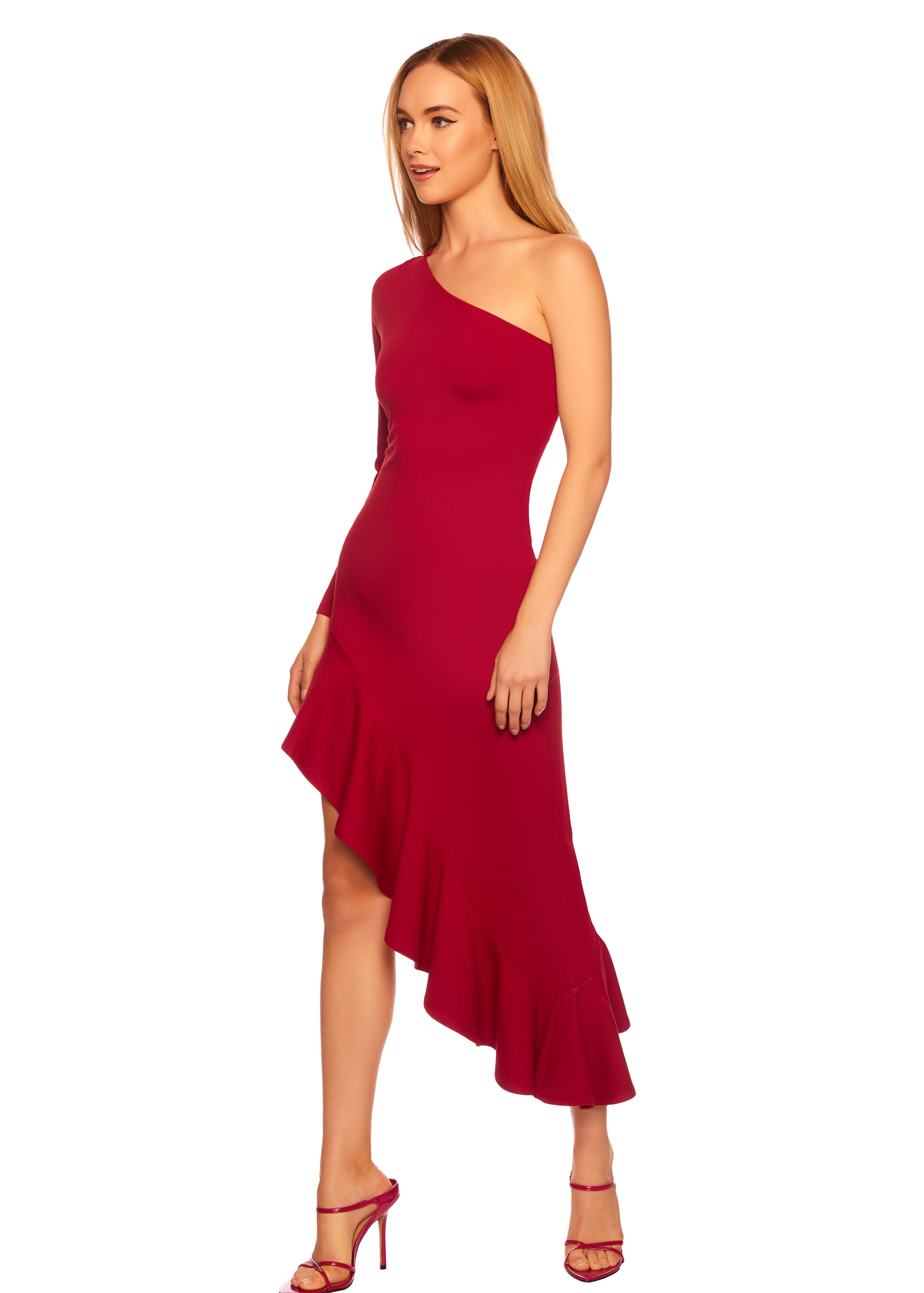 one arm long sleeve ruffle dress