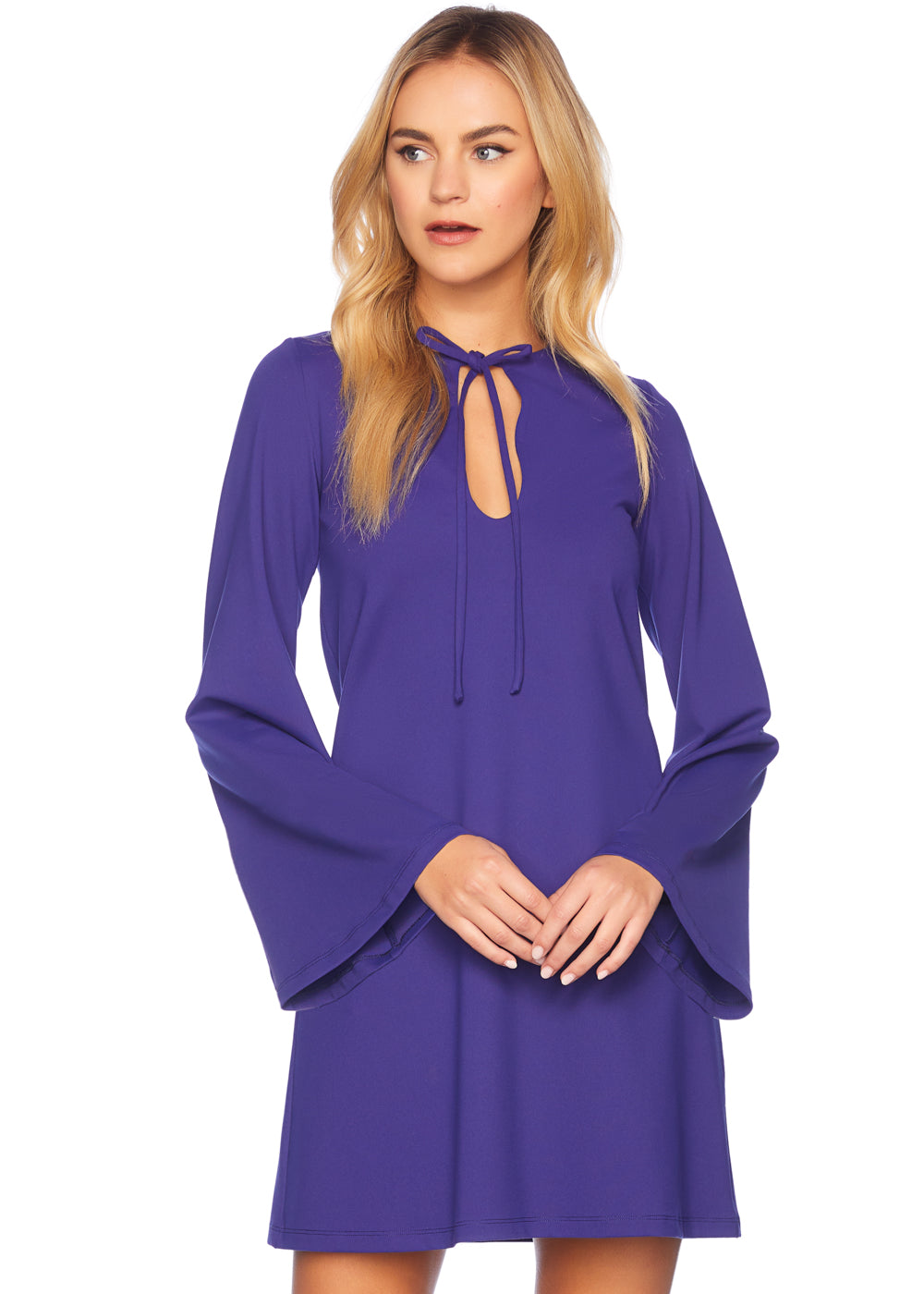 bell sleeve keyhole tie dress
