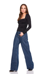 square neck gathered long sleeve top