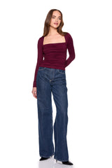 square neck gathered long sleeve top