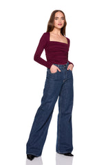 square neck gathered long sleeve top