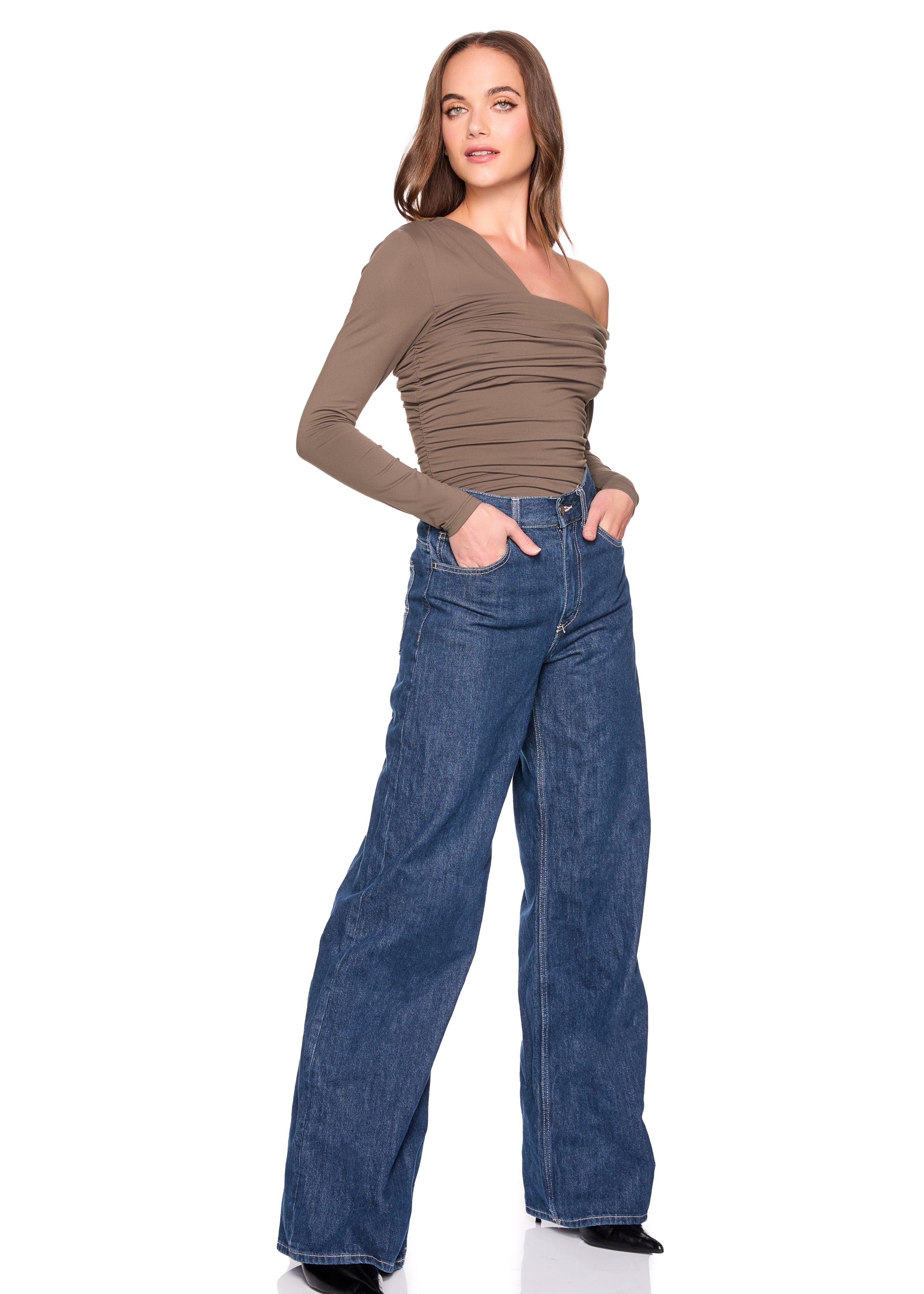 one arm off shoulder gathered top