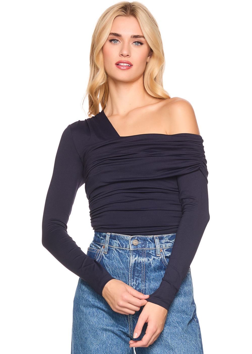 one arm off shoulder gathered top