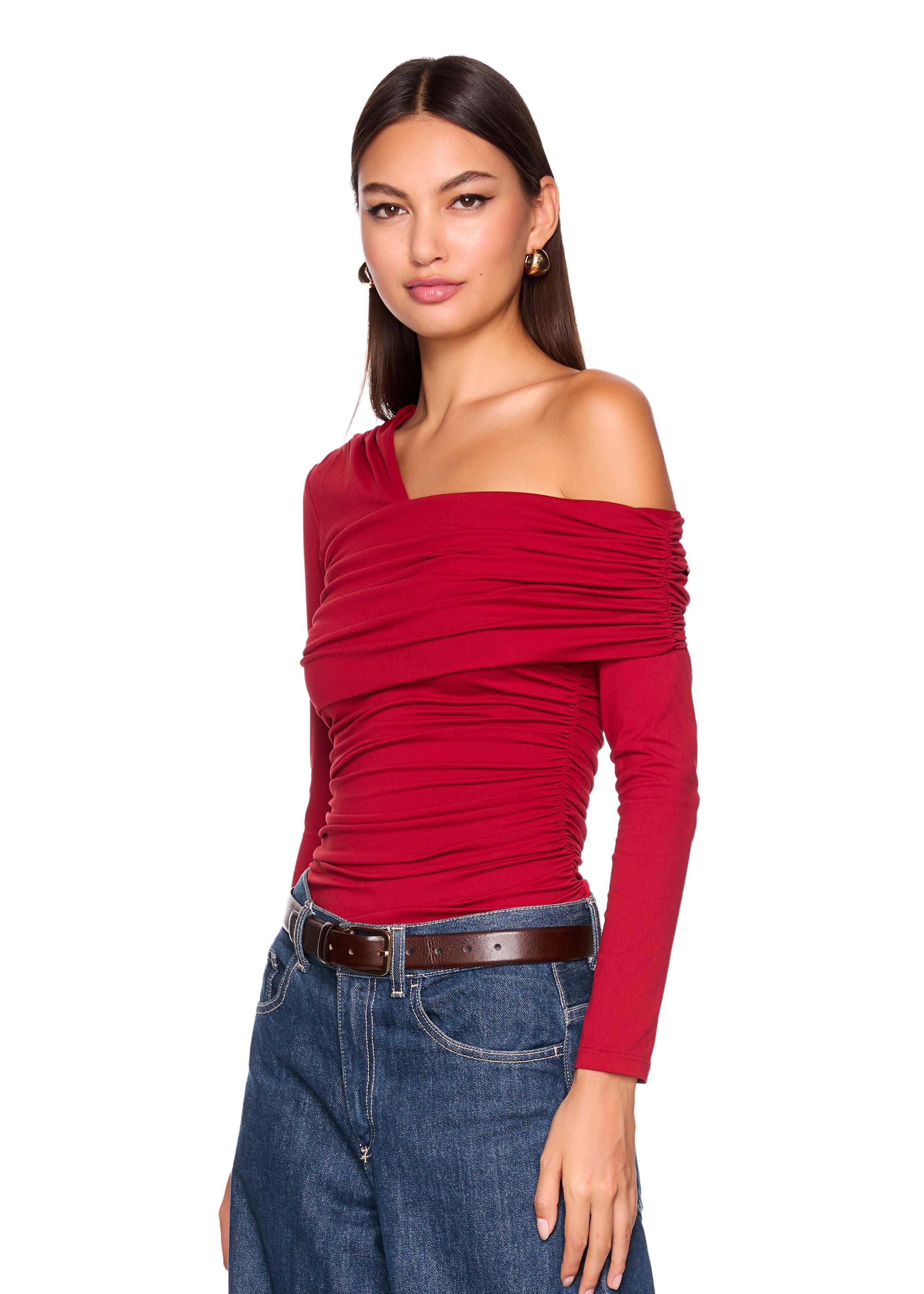 one arm off shoulder gathered top