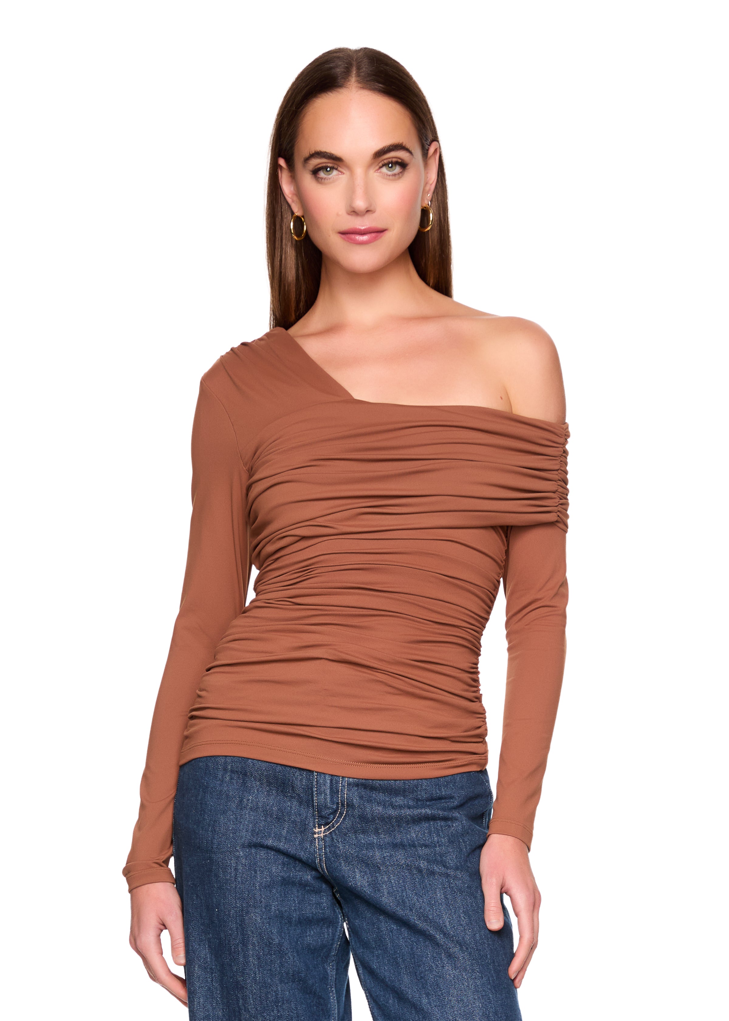 one arm off shoulder gathered top