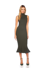 mock neck sleeveless trumpet midi dress