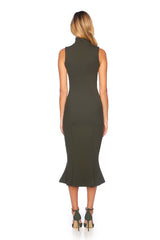 mock neck sleeveless trumpet midi dress