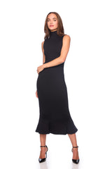 mock neck sleeveless trumpet midi dress