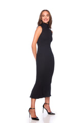 mock neck sleeveless trumpet midi dress