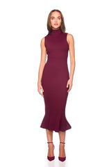 mock neck sleeveless trumpet midi dress