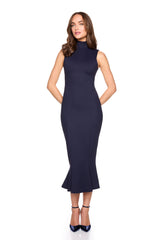 mock neck sleeveless trumpet midi dress