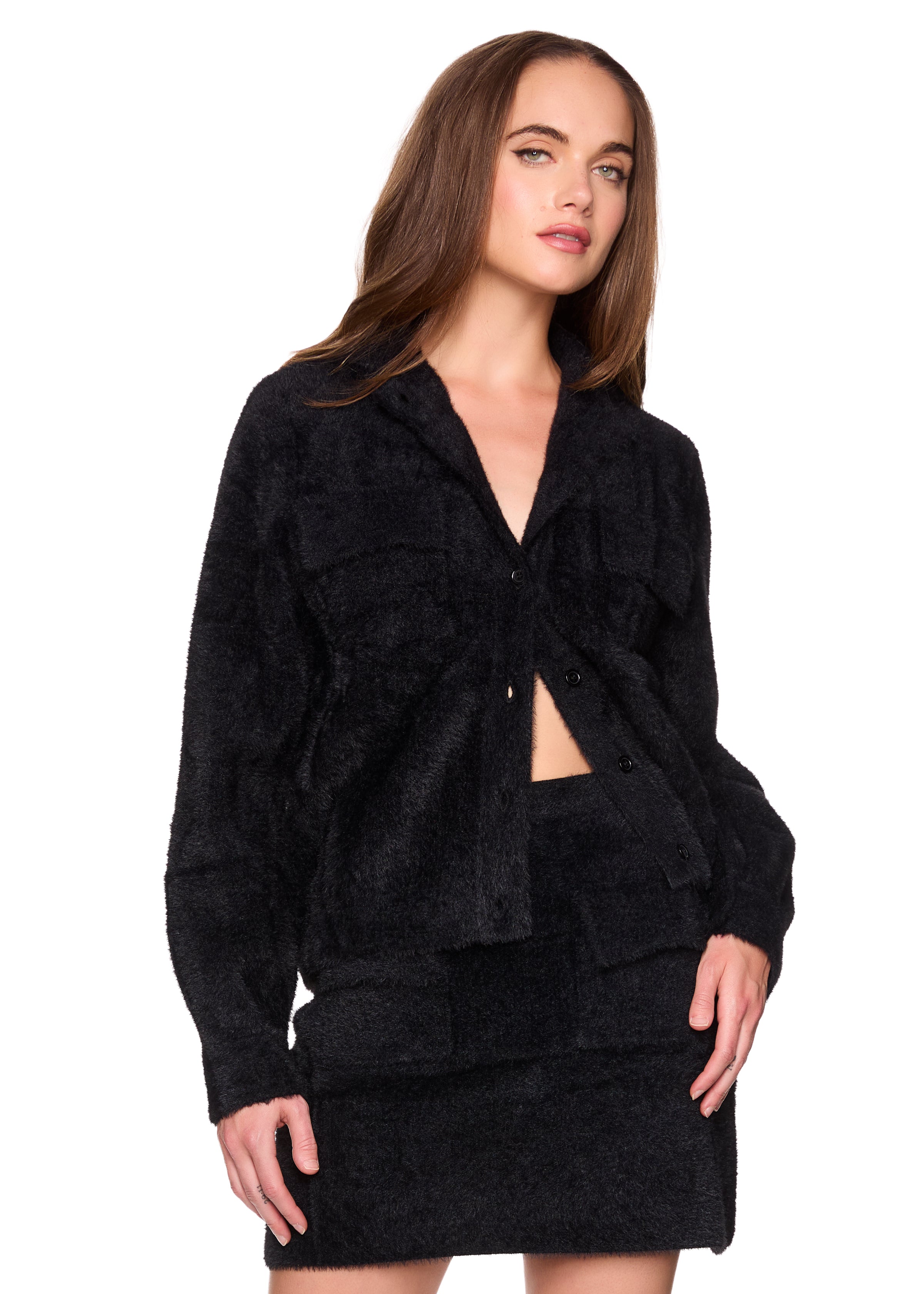 fuzzy sweater cargo jacket black