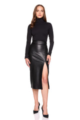 faux leather slit skirt black